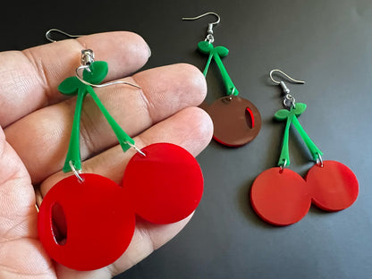 Cherry Earrings: Laser Cut Acrylic Cherries, Fruit, Summer Vibes, Food Earrings, Gifts for Her/Him/Them