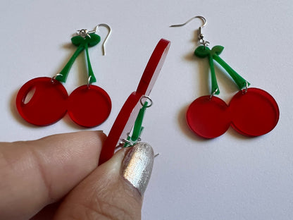 Cherry Earrings: Laser Cut Acrylic Cherries, Fruit, Summer Vibes, Food Earrings, Gifts for Her/Him/Them