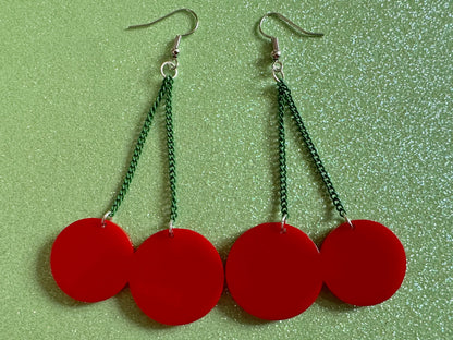 Cherry Earrings: Laser Cut Acrylic Cherries, Sparkly Fruit, Summer Vibes, Cherry Stems, Green Earrings, Food, Best Gifts for Her/Him/Them