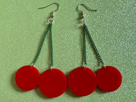Cherry Earrings: Laser Cut Acrylic Cherries, Sparkly Fruit, Summer Vibes, Cherry Stems, Green Earrings, Food, Best Gifts for Her/Him/Them