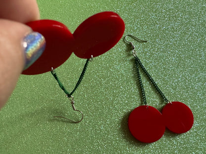 Cherry Earrings: Laser Cut Acrylic Cherries, Sparkly Fruit, Summer Vibes, Cherry Stems, Green Earrings, Food, Best Gifts for Her/Him/Them