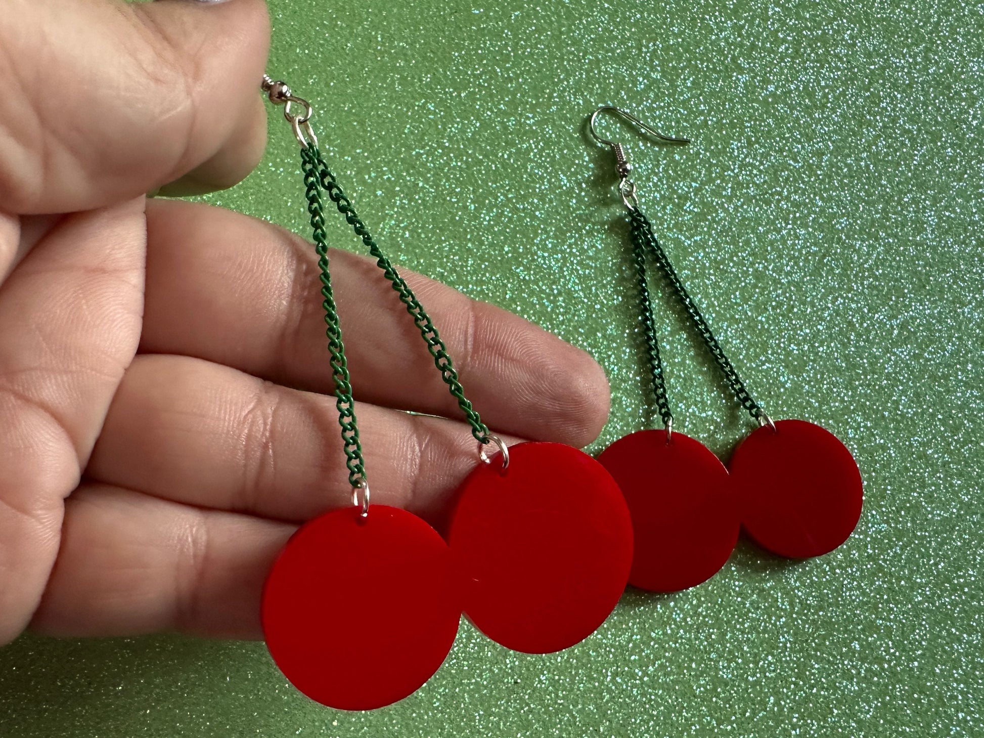 Cherry Earrings: Laser Cut Acrylic Cherries, Sparkly Fruit, Summer Vibes, Cherry Stems, Green Earrings, Food, Best Gifts for Her/Him/Them