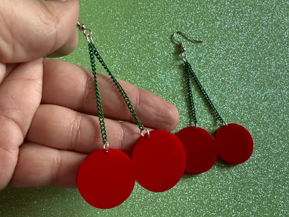 Cherry Earrings: Laser Cut Acrylic Cherries, Sparkly Fruit, Summer Vibes, Cherry Stems, Green Earrings, Food, Best Gifts for Her/Him/Them