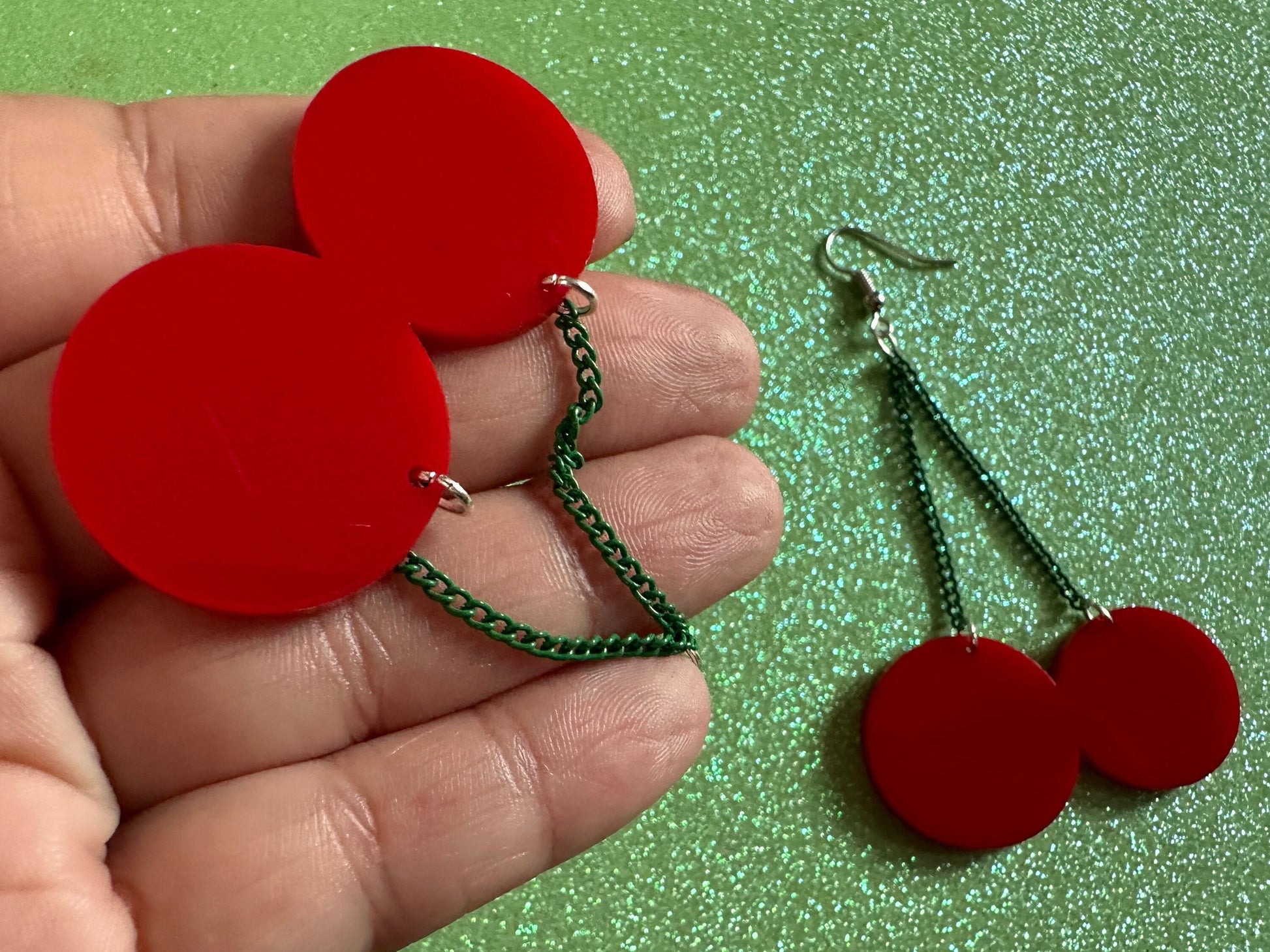 Cherry Earrings: Laser Cut Acrylic Cherries, Sparkly Fruit, Summer Vibes, Cherry Stems, Green Earrings, Food, Best Gifts for Her/Him/Them