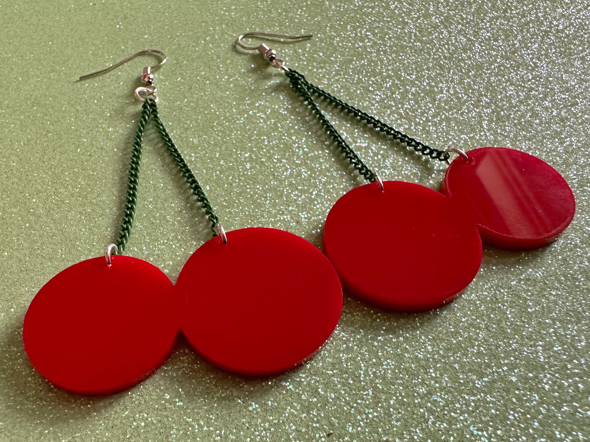 Cherry Earrings: Laser Cut Acrylic Cherries, Sparkly Fruit, Summer Vibes, Cherry Stems, Green Earrings, Food, Best Gifts for Her/Him/Them