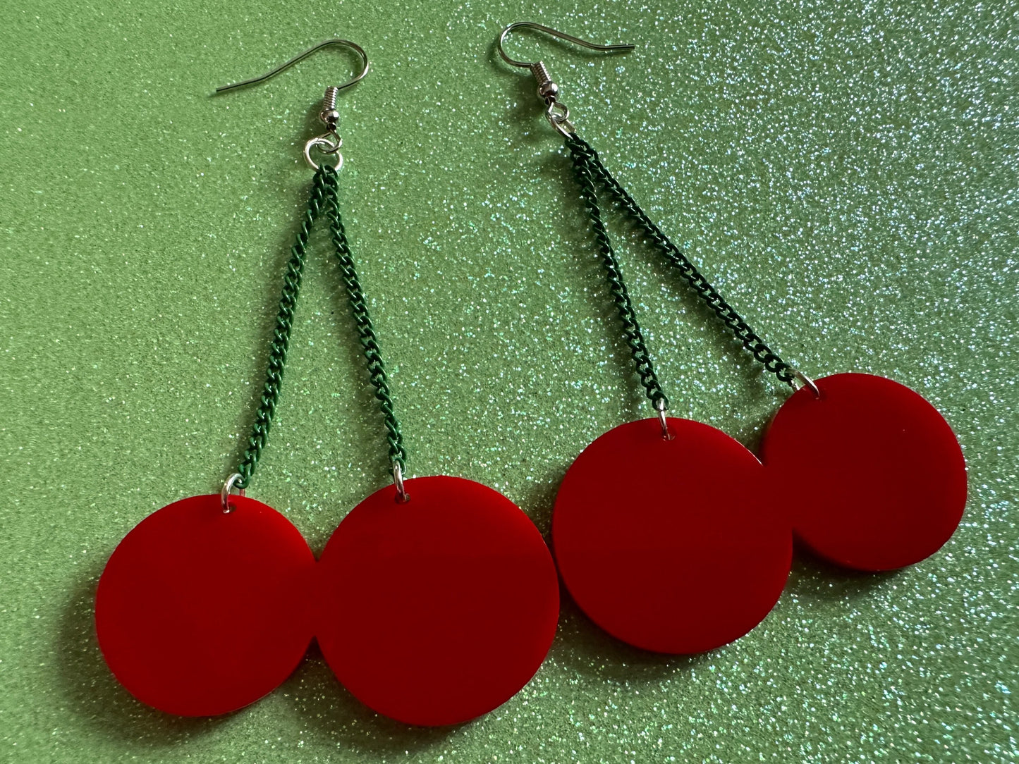 Cherry Earrings: Laser Cut Acrylic Cherries, Sparkly Fruit, Summer Vibes, Cherry Stems, Green Earrings, Food, Best Gifts for Her/Him/Them
