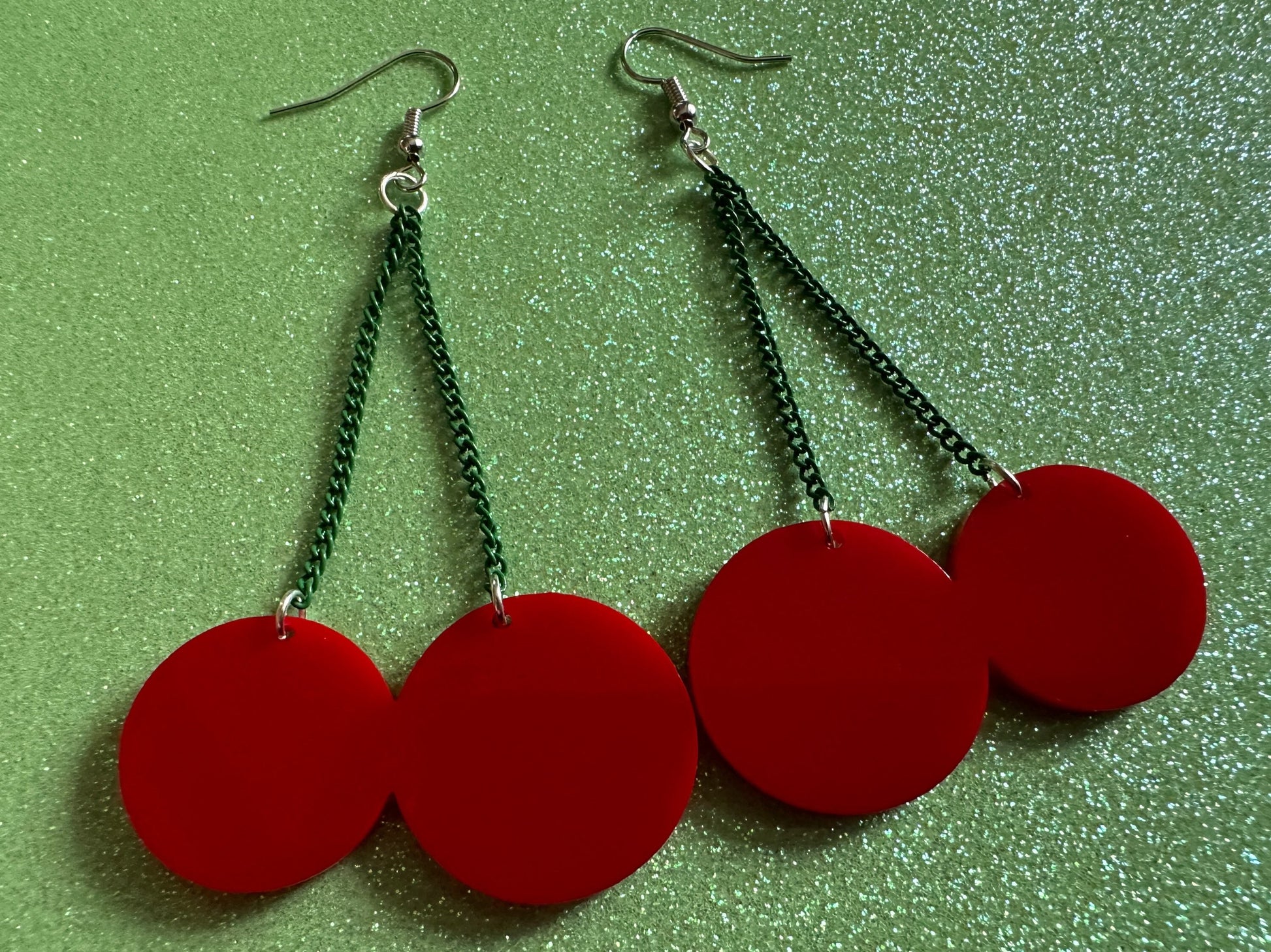 Cherry Earrings: Laser Cut Acrylic Cherries, Sparkly Fruit, Summer Vibes, Cherry Stems, Green Earrings, Food, Best Gifts for Her/Him/Them