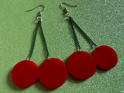 Cherry Earrings: Laser Cut Acrylic Cherries, Sparkly Fruit, Summer Vibes, Cherry Stems, Green Earrings, Food, Best Gifts for Her/Him/Them