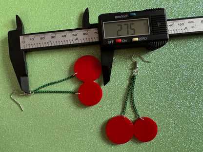 Cherry Earrings: Laser Cut Acrylic Cherries, Sparkly Fruit, Summer Vibes, Cherry Stems, Green Earrings, Food, Best Gifts for Her/Him/Them
