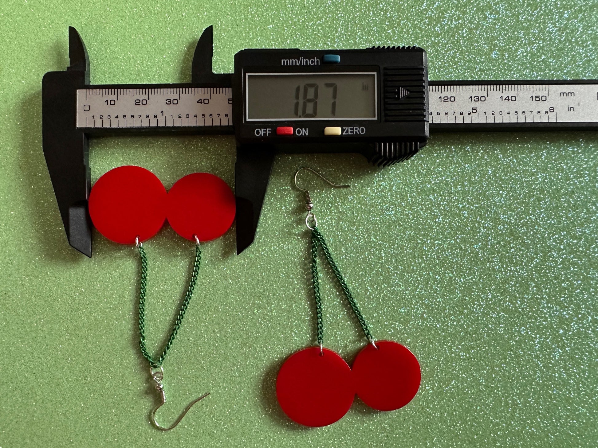Cherry Earrings: Laser Cut Acrylic Cherries, Sparkly Fruit, Summer Vibes, Cherry Stems, Green Earrings, Food, Best Gifts for Her/Him/Them