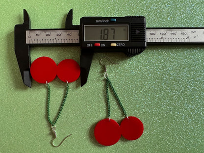 Cherry Earrings: Laser Cut Acrylic Cherries, Sparkly Fruit, Summer Vibes, Cherry Stems, Green Earrings, Food, Best Gifts for Her/Him/Them