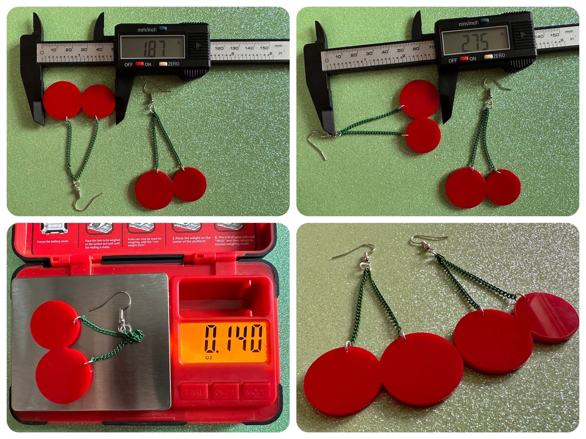 Cherry Earrings: Laser Cut Acrylic Cherries, Sparkly Fruit, Summer Vibes, Cherry Stems, Green Earrings, Food, Best Gifts for Her/Him/Them