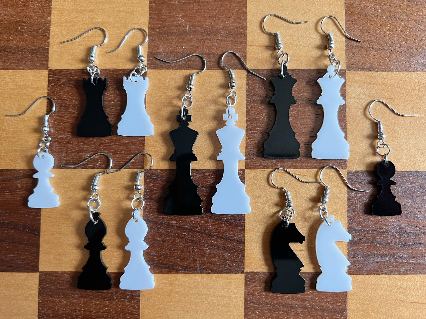 Chess Earrings: Laser Cut Acrylic Chess Pieces, Board Game, King, Queen, Pawn, Knight, Tower, Best Gifts for Her/Him/Them