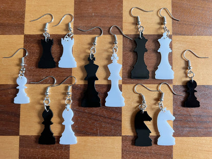 Chess Earrings: Laser Cut Acrylic Chess Pieces, Board Game, King, Queen, Pawn, Knight, Tower, Best Gifts for Her/Him/Them