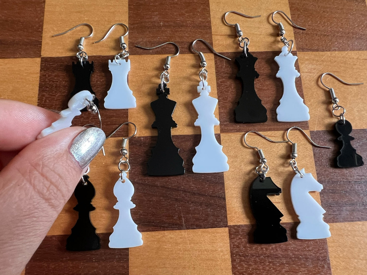 Chess Earrings: Laser Cut Acrylic Chess Pieces, Board Game, King, Queen, Pawn, Knight, Tower, Best Gifts for Her/Him/Them