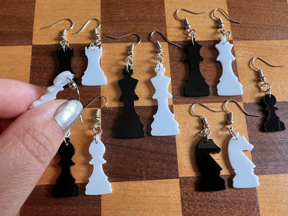 Chess Earrings: Laser Cut Acrylic Chess Pieces, Board Game, King, Queen, Pawn, Knight, Tower, Best Gifts for Her/Him/Them