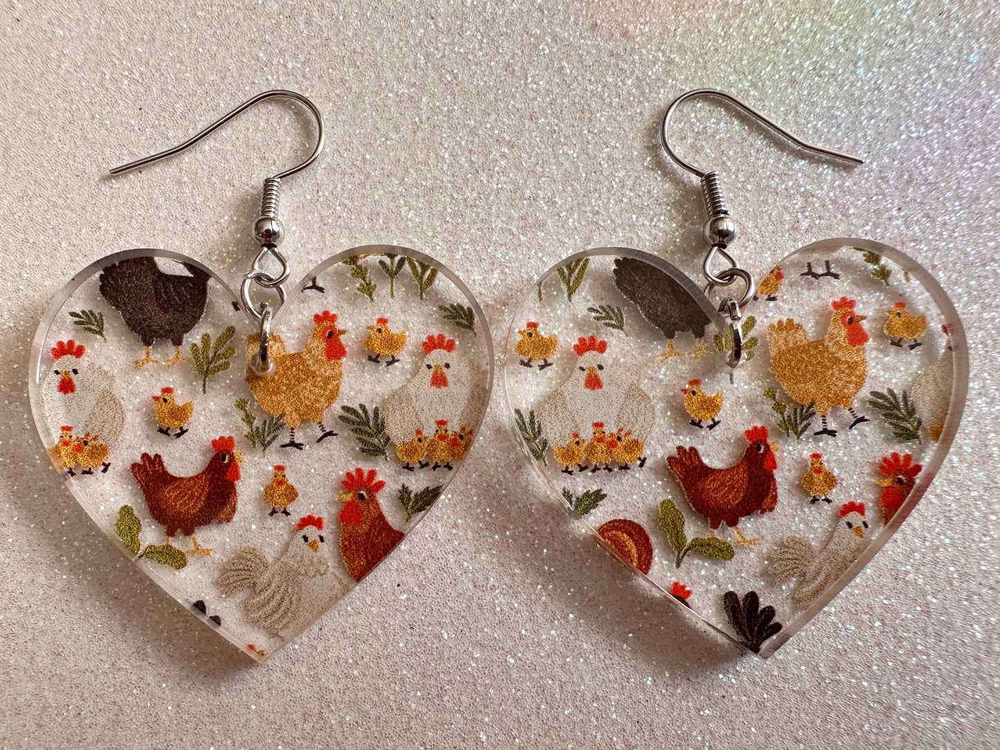 Chicken Earrings: Laser Cut Acrylic Chickens, Rooster, Farm Animals, Cottage Core, Chicks, Hens, Birds, Country, Best Gifts for Her/Him/Them