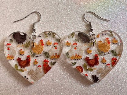 Chicken Earrings: Laser Cut Acrylic Chickens, Rooster, Farm Animals, Cottage Core, Chicks, Hens, Birds, Country, Best Gifts for Her/Him/Them