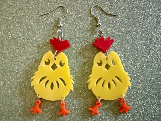Chicken Earrings: Laser Cut Acrylic Chickens, Rooster, Farm Animals, Cottage Core, Chicks, Hens, Birds, Country, Best Gifts for Her/Him/Them
