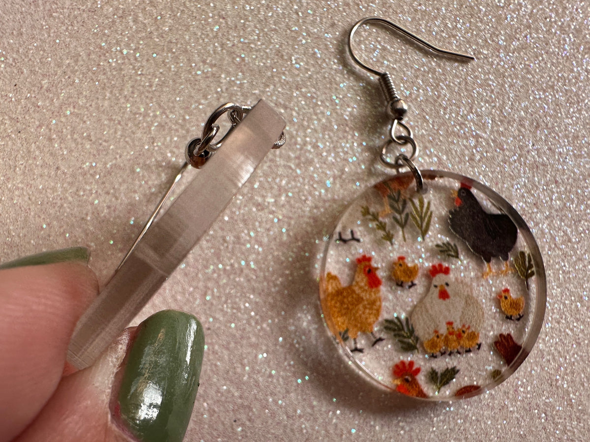 Chicken Earrings: Laser Cut Acrylic Chickens, Rooster, Farm Animals, Cottage Core, Chicks, Hens, Birds, Country, Best Gifts for Her/Him/Them
