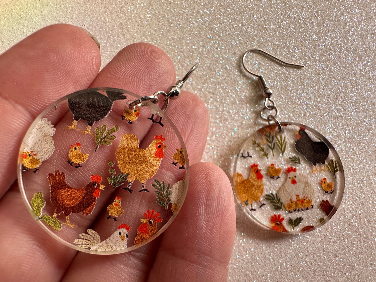 Chicken Earrings: Laser Cut Acrylic Chickens, Rooster, Farm Animals, Cottage Core, Chicks, Hens, Birds, Country, Best Gifts for Her/Him/Them