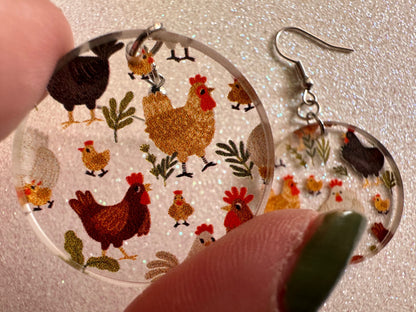 Chicken Earrings: Laser Cut Acrylic Chickens, Rooster, Farm Animals, Cottage Core, Chicks, Hens, Birds, Country, Best Gifts for Her/Him/Them