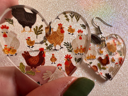 Chicken Earrings: Laser Cut Acrylic Chickens, Rooster, Farm Animals, Cottage Core, Chicks, Hens, Birds, Country, Best Gifts for Her/Him/Them