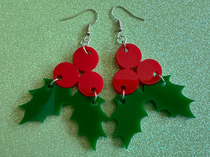 Christmas Earrings: Laser Cut Acrylic Holly, Holidays, Holiday, Xmas, Mistletoe, Ilex, Christmas Present, Gifts for Her/Him/Them