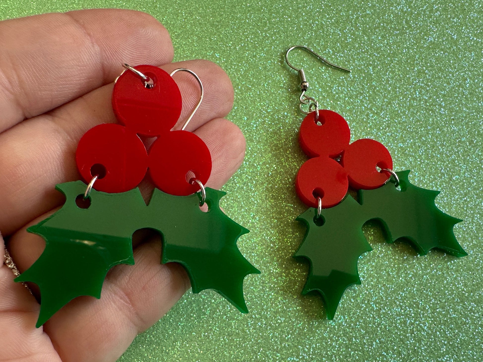 Christmas Earrings: Laser Cut Acrylic Holly, Holidays, Holiday, Xmas, Mistletoe, Ilex, Christmas Present, Gifts for Her/Him/Them