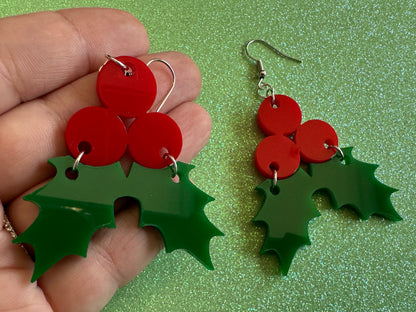 Christmas Earrings: Laser Cut Acrylic Holly, Holidays, Holiday, Xmas, Mistletoe, Ilex, Christmas Present, Gifts for Her/Him/Them