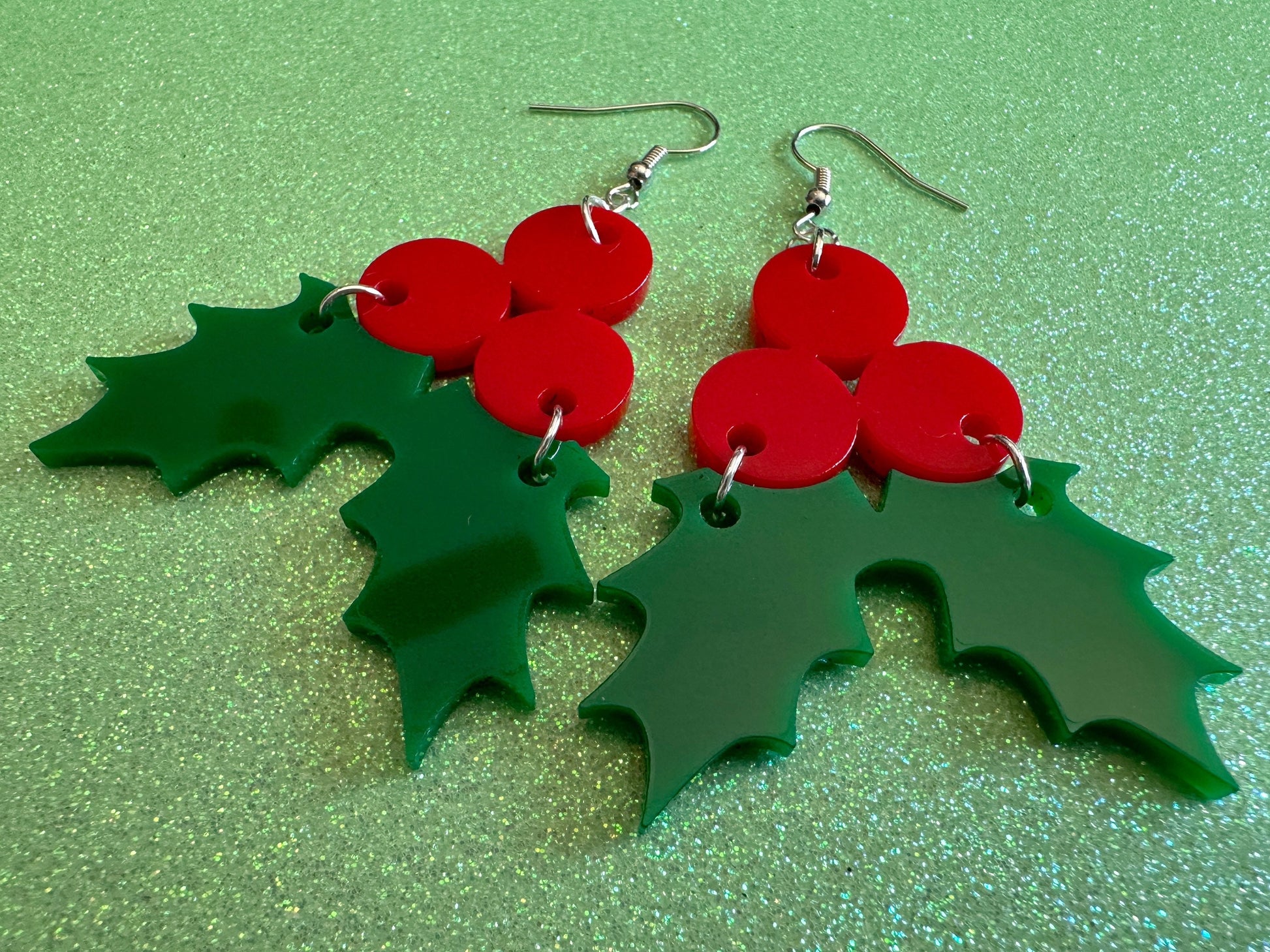 Christmas Earrings: Laser Cut Acrylic Holly, Holidays, Holiday, Xmas, Mistletoe, Ilex, Christmas Present, Gifts for Her/Him/Them