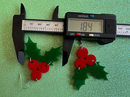 Christmas Earrings: Laser Cut Acrylic Holly, Holidays, Holiday, Xmas, Mistletoe, Ilex, Christmas Present, Gifts for Her/Him/Them
