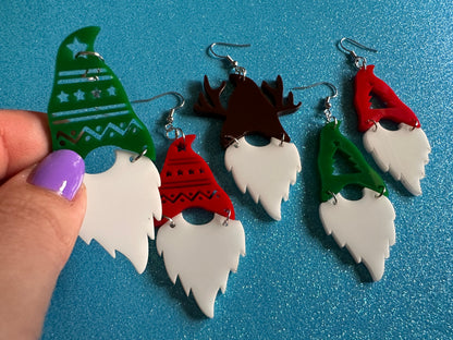 Christmas Gnome Earrings: Laser Cut Acrylic Christmas Earrings, Xmas, Santa, Reindeer, Christmas Tree, Winter Hat, Gifts for Her/Him/Them