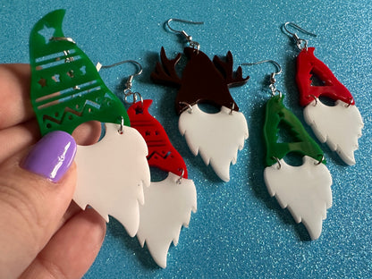 Christmas Gnome Earrings: Laser Cut Acrylic Christmas Earrings, Xmas, Santa, Reindeer, Christmas Tree, Winter Hat, Gifts for Her/Him/Them