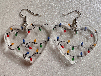 Christmas Light Earrings: Laser Cut Acrylic Christmas Lights, X-mas, Festive Hearts, Xmas, Heart, Holidays, Best Gifts for Her/Him/Them