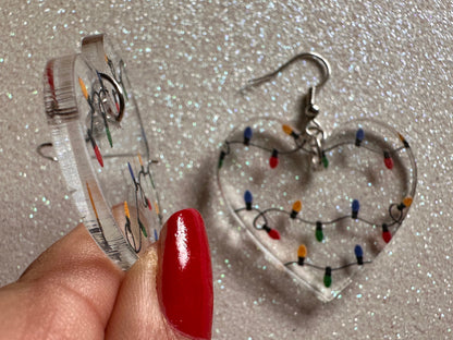 Christmas Light Earrings: Laser Cut Acrylic Christmas Lights, X-mas, Festive Hearts, Xmas, Heart, Holidays, Best Gifts for Her/Him/Them