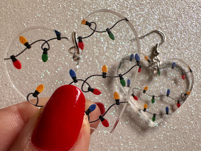 Christmas Light Earrings: Laser Cut Acrylic Christmas Lights, X-mas, Festive Hearts, Xmas, Heart, Holidays, Best Gifts for Her/Him/Them