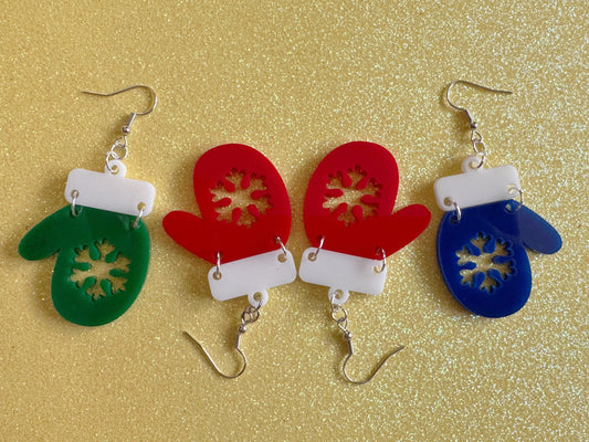 Christmas Mitten Earrings: Laser Cut Acrylic Xmas Earrings, Snow Gloves, Snowflakes, Snow, Mittens, Gifts for Her/Him/Them