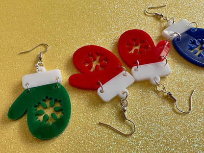 Christmas Mitten Earrings: Laser Cut Acrylic Xmas Earrings, Snow Gloves, Snowflakes, Snow, Mittens, Gifts for Her/Him/Them
