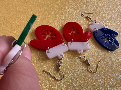 Christmas Mitten Earrings: Laser Cut Acrylic Xmas Earrings, Snow Gloves, Snowflakes, Snow, Mittens, Gifts for Her/Him/Them