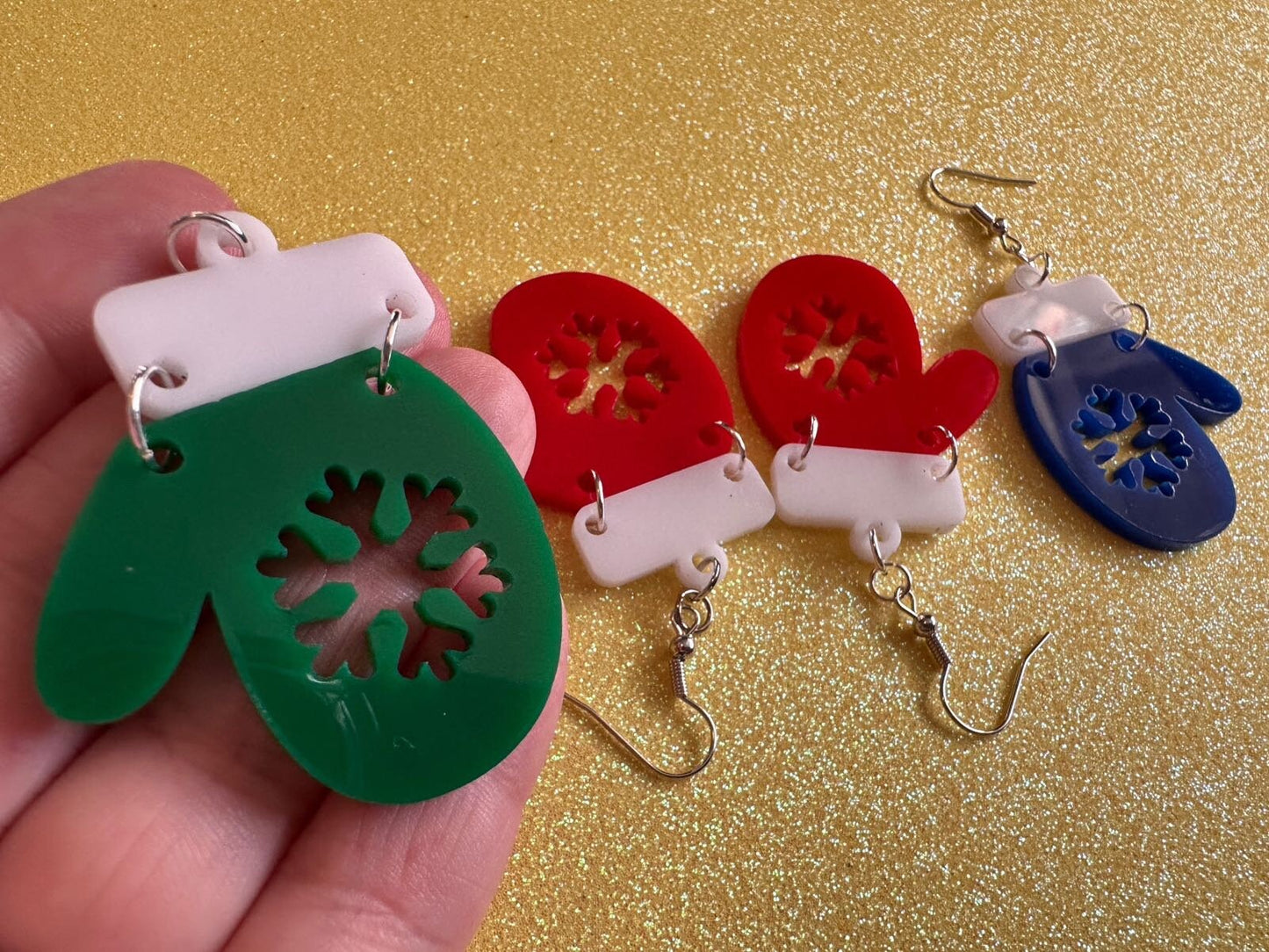 Christmas Mitten Earrings: Laser Cut Acrylic Xmas Earrings, Snow Gloves, Snowflakes, Snow, Mittens, Gifts for Her/Him/Them