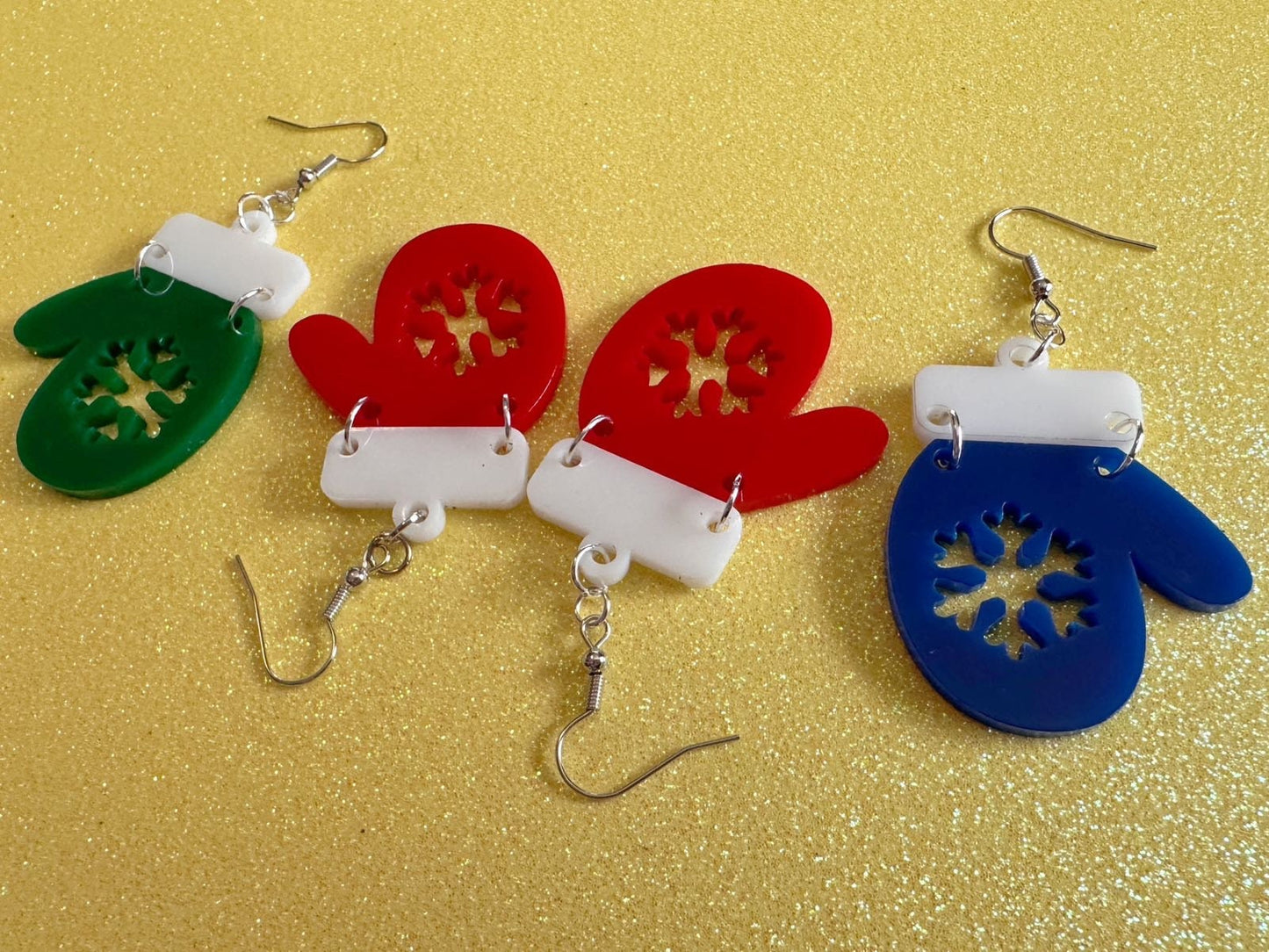 Christmas Mitten Earrings: Laser Cut Acrylic Xmas Earrings, Snow Gloves, Snowflakes, Snow, Mittens, Gifts for Her/Him/Them