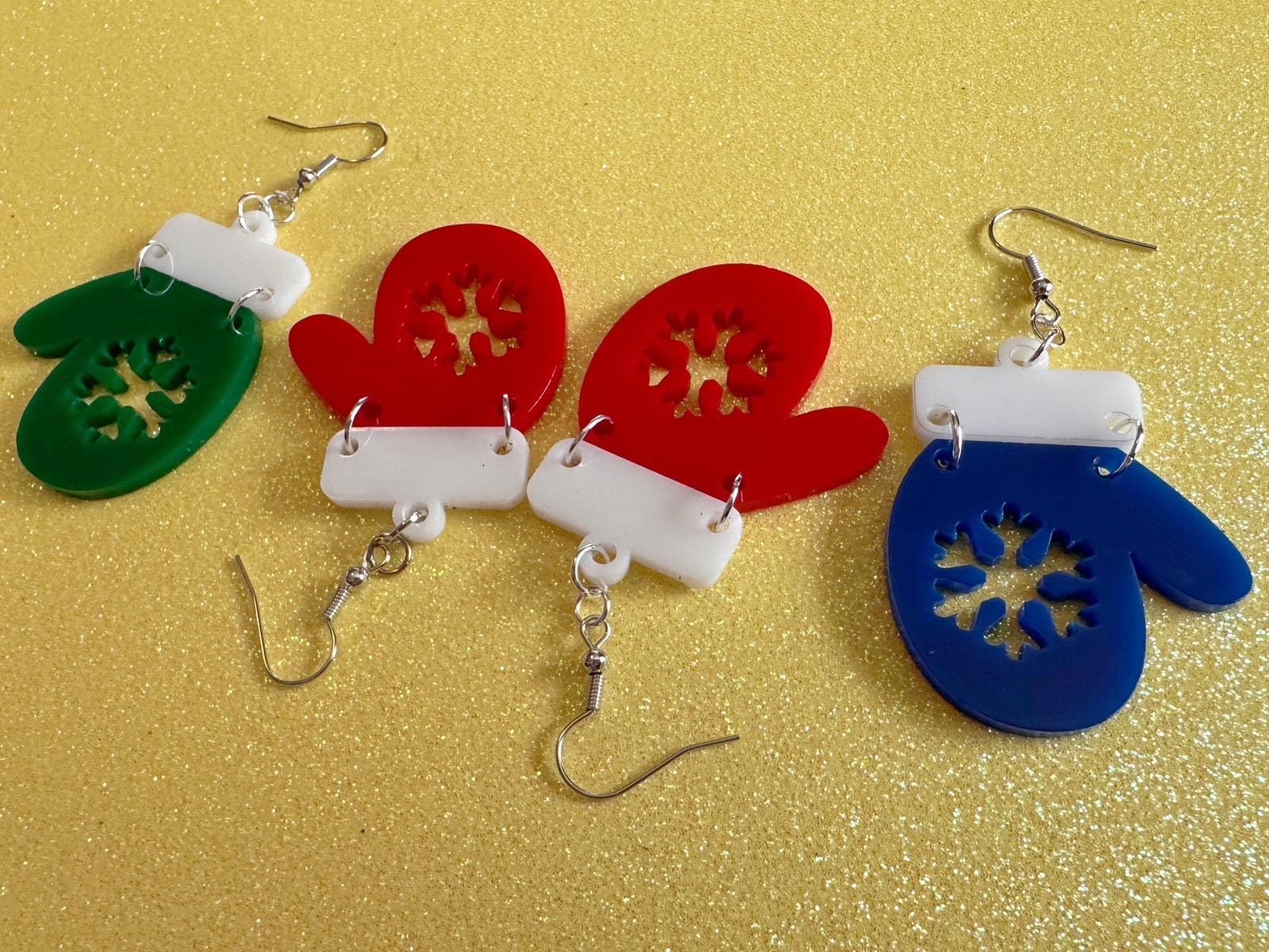 Christmas Mitten Earrings: Laser Cut Acrylic Xmas Earrings, Snow Gloves, Snowflakes, Snow, Mittens, Gifts for Her/Him/Them