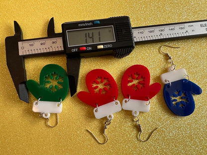Christmas Mitten Earrings: Laser Cut Acrylic Xmas Earrings, Snow Gloves, Snowflakes, Snow, Mittens, Gifts for Her/Him/Them