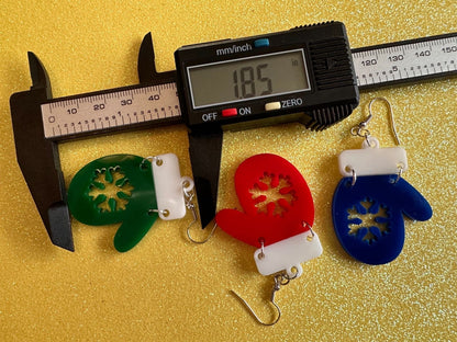 Christmas Mitten Earrings: Laser Cut Acrylic Xmas Earrings, Snow Gloves, Snowflakes, Snow, Mittens, Gifts for Her/Him/Them