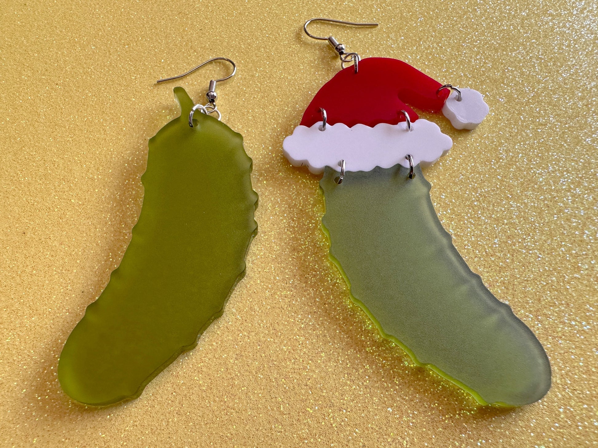 Christmas Pickle Earrings: Laser Cut Acrylic Pickles with Santa Hat, Pickle Jar, Xmas, Cartoon, Food Earrings, Best Gifts for Her/Him/Them