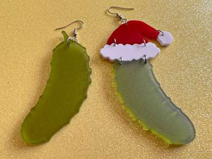 Christmas Pickle Earrings: Laser Cut Acrylic Pickles with Santa Hat, Pickle Jar, Xmas, Cartoon, Food Earrings, Best Gifts for Her/Him/Them
