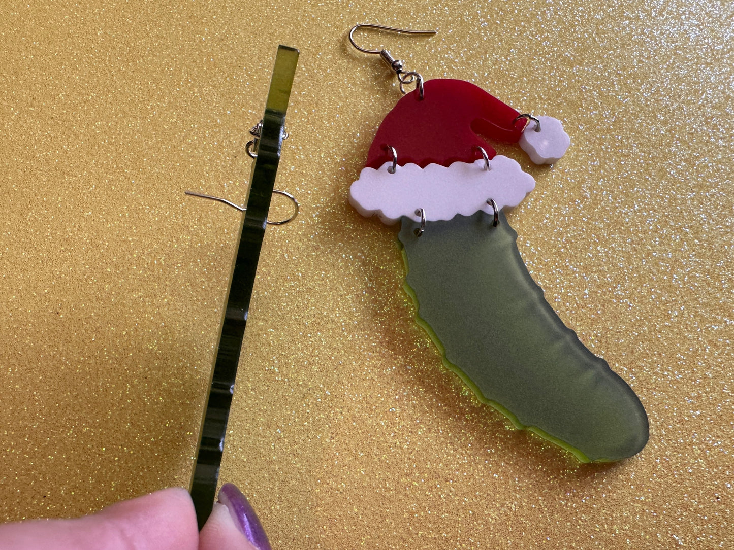 Christmas Pickle Earrings: Laser Cut Acrylic Pickles with Santa Hat, Pickle Jar, Xmas, Cartoon, Food Earrings, Best Gifts for Her/Him/Them