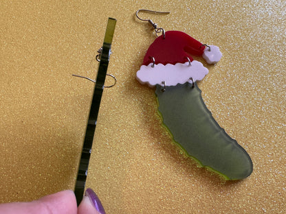 Christmas Pickle Earrings: Laser Cut Acrylic Pickles with Santa Hat, Pickle Jar, Xmas, Cartoon, Food Earrings, Best Gifts for Her/Him/Them