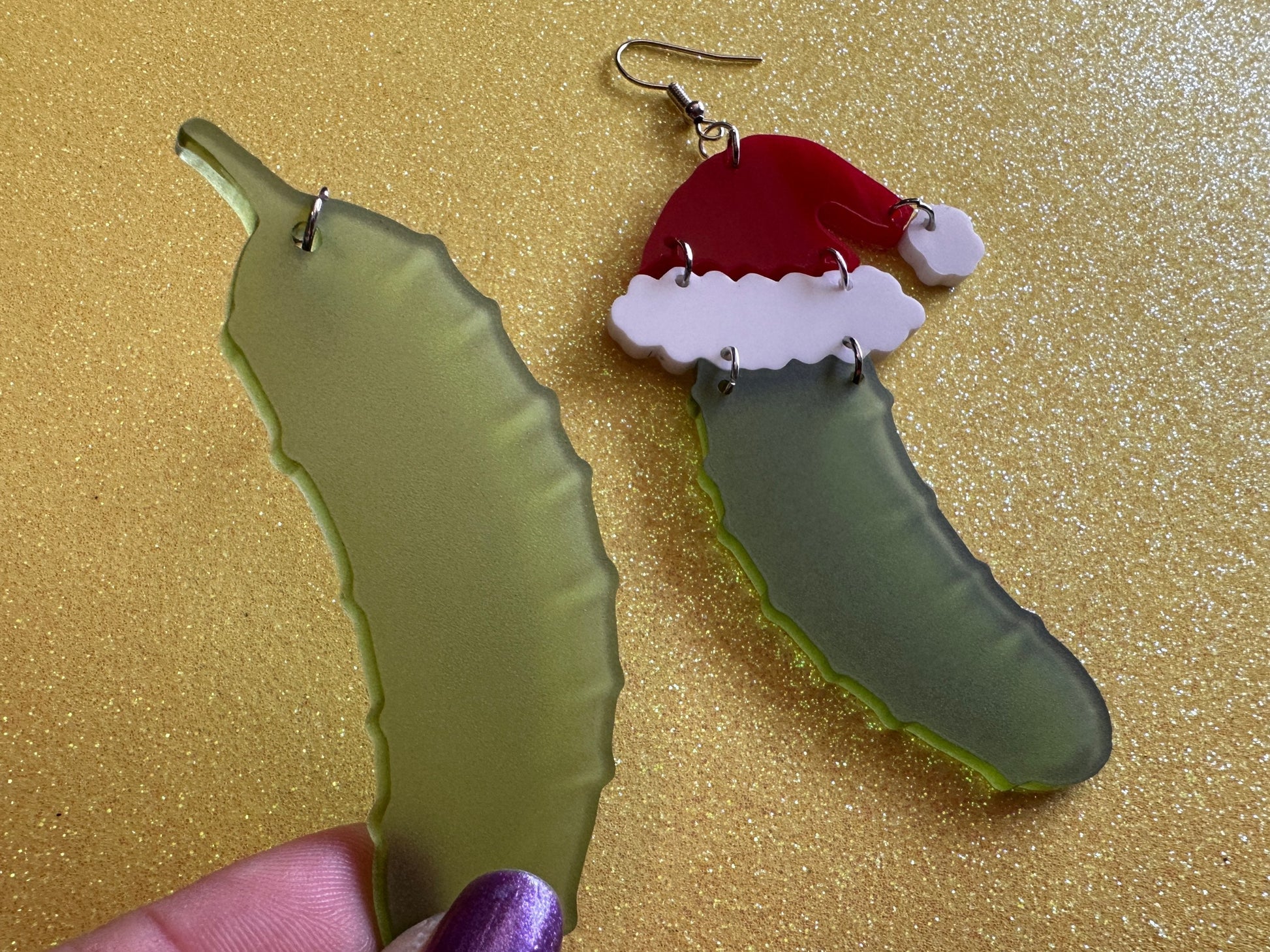 Christmas Pickle Earrings: Laser Cut Acrylic Pickles with Santa Hat, Pickle Jar, Xmas, Cartoon, Food Earrings, Best Gifts for Her/Him/Them